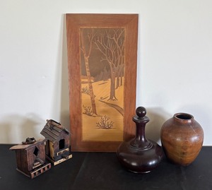 lot 248 image: Vintage Wood Art Picture with Wooden Decanter, Vase, and Bird Houses