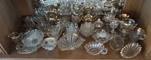 lot 250 image: Collection of Gold Accented Vintage Pressed Glass Serving Pieces