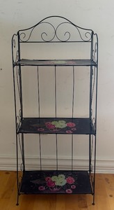 lot 258 image: Vintage 3-Tier Metal Shelf with Hand-Painted Floral Accents
