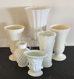 lot 221 image: Set of 6 Vintage White Milk Glass Vases Assorted Styles