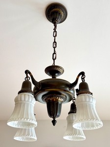 lot 4 image: Antique 4-Light Ceiling Fixture with Ornate Brass and Glass Shades