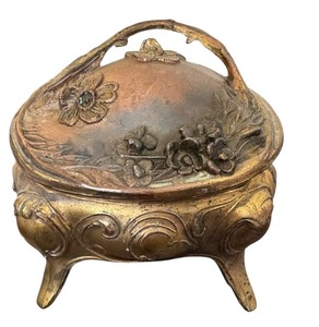 lot 7C image: Antique Ornate Metal Jewelry Casket with Floral Embellishments