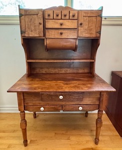 lot 18 image: Antique Wooden Kitchen Hoosier Cabinet With Drawers and Flour Bins