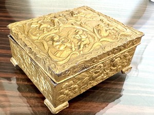 lot 18C image: Antique Gilt Metal Trinket Box with Cherub Relief  Antique Metal Jewelry Casket