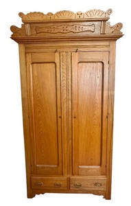 lot 19 image: Antique Wood Cabinet  Armoire with Ornate Top and Brass Hardware