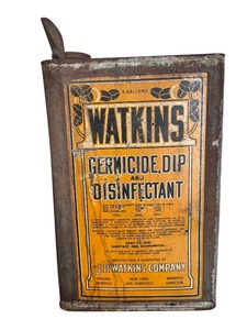 lot 20 image: Vintage Watkins Germicide Dip and Disinfectant 5-Gallon Tin Can