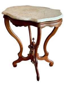 lot 22 image: Vintage Marble-Top Parlor Table with Ornate Wood Base