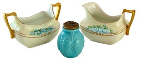 lot 33 image: Vintage EAPG Salt Shaker and Hand Painted Cream and Sugar Set