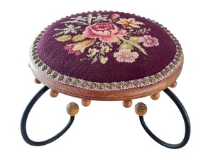 lot 23 image: Vintage Embroidered Floral Footstool with Metal Legs