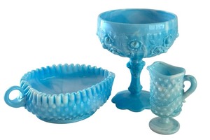 lot 36 image: Vintage Blue Slag Glass Collection including Fenton Cabbage Rose Bowl and Heart Nappy Dish