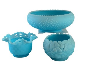 lot 38 image: Set of 3 Vintage Fenton Blue Satin Bowls and Candy Dish including Vintage Fenton Basket Weave Candy Bowl