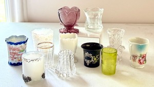 lot 81 image: Collection of 12 Vintage and Antique Glass Toothpick Holders