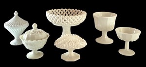 lot 82 image: Set of 6 Vintage White Milk Glass Compotes and Covered Dishes Assorted Patterns