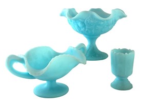 lot 84 image: Set of 3 Vintage Fenton Blue Satin Glass Pieces with Ruffled Compote