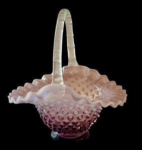 lot 153 image: Vintage Purple Opalescent Hobnail Glass Basket with Ruffled Edge, 9 Inch