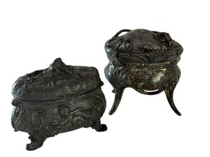 lot 157 image: Pair of Antique Metal Jewelry Caskets with Ornate Designs