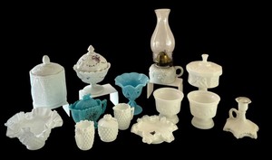 lot 214 image: Collection of Vintage Milk Glass and Blue Opaline Glassware with Oil Lamp