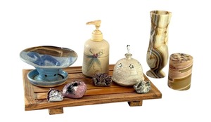lot 271 image: Artisan Pottery and Alabaster Bath Set with Wooden Tray