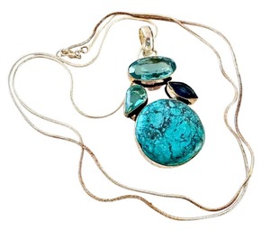 lot 307 image: Sterling Silver Chain Necklace with Chrysocolla, Topaz, and Sapphire Pendant