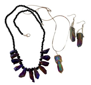 lot 308 image: Titanium Quartz Jewelry Set with Purple Coated Crystals and Sterling Silver Chain