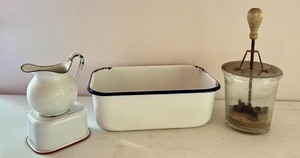 lot 316 image: Vintage Kitchenware Lot with Enamelware Pans and Glass Butter Churn