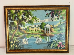lot 343 image: Vintage Framed Needlepoint Artwork with Swans and Pavilion