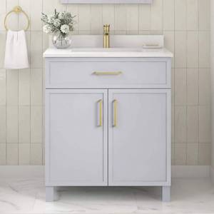 lot 71 image: HOME DECORATORS COLLECTION Bliston 30 in. Single Sink Dove Gray Bath Vanity with White Engineered Stone Top & Backsplash