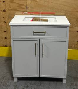 lot 167 image: HOME DECORATORS COLLECTION Bilston 30 in. Single Sink Dove Gray Bath Vanity with White Engineered Stone Top (Assembled) backsplash NEW