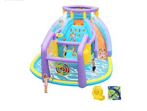 lot 194 image: ANYPOOL 8 in 1 Inflatable Water Slide Bouncy House with Double Slides Water Park with Splash Pool,Climbing Wall,Target Game for Outdoor Backyard Aged 3-10 Kids with 520W Blower 174 x 165 x 90 Inches (sold as is)