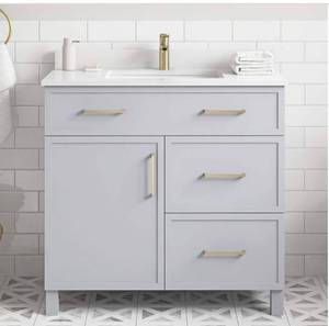 lot 195 image: HOME DECORATORS COLLECTION Bliston 36 in Single sink Dove Gray finish with White Engineered stone top NEW