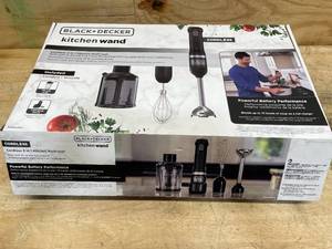 lot 253 image: BLACKDECKER Kitchen Wand Cordless Immersion Blender, 3 in 1 Multi Tool Set, Hand Blender with Charging Dock, Whisk and Food Chopper, Black (BCKM1013K10)