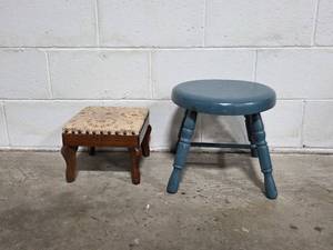 lot 14 image: Pair of Vintage Wooden Footstools - Upholstered and Painted Wood