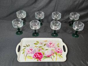 lot 21 image: Set of 8 Green Stem Glass Goblets with Floral Serving Tray