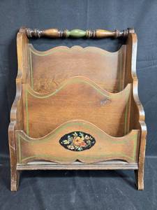 lot 28 image: Vintage Wooden Magazine Rack with Painted Floral Accent