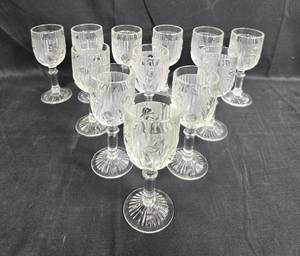 lot 35 image: Set of Vintage Iris Depression Glass Floral Patterned Wine Glasses