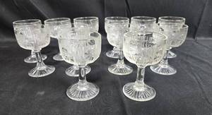 lot 37 image: Set of Vintage Iris Depression Glass Wine Goblets with Floral Pattern
