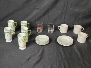 lot 47 image: Mixed Drinkware and Saucer Lot with Irish Coffee Mugs, Plates, Glasses and Cups
