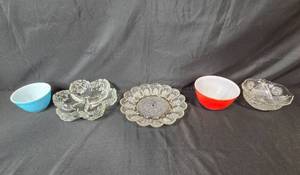 lot 48 image: Kitchen Glassware Collection with Mixing Bowls, Vintage Cut Glass Serving Pieces, and Hand Mixer
