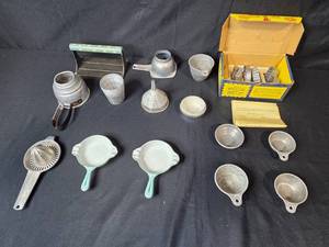 lot 49 image: Vintage Aluminum and Cast Iron Kitchen Utensil Lot with Nordic Ware Rosette & Timbale Iron Set