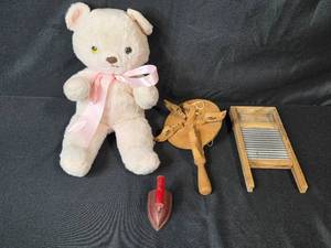 lot 50 image: Vintage Toy Collection with Teddy Bear, Mini Washboard, Red Iron, and Folk Spinner