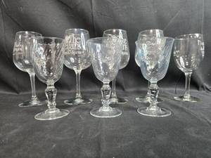 lot 68 image: Set of Assorted Wine Glasses with Etched Designs