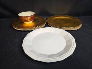 lot 70 image: Set of Gold Tone Plastic Charger Plates, 1 White Plate, and Decorative Red Bowl