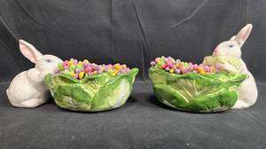 lot 73 image: Pair of Ceramic Bunny Figurines with Leaf Bowls and Colorful Accents