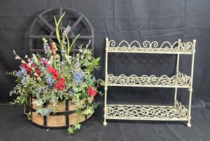 lot 75 image: Decorative Wall Basket with Faux Floral Arrangement and 3-Tier Metal Shelf
