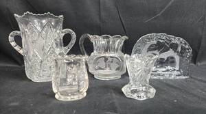lot 78 image: Collection of Vintage Crystal and Glassware with Etched Swedish Ice Sculpture and Floral Mugs
