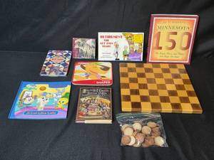 lot 90 image: Collection of Books, Puzzles, and Game Board with Wooden Checkers