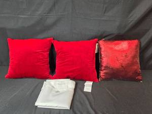 lot 98 image: Set of Hallmart Collectibles Red Throw Pillows with Reversible Sequin Accent and White Pillowcases