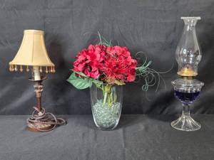 lot 103 image: Decorative Lamp, Glass Oil Lamp, and Faux Floral Arrangement Set