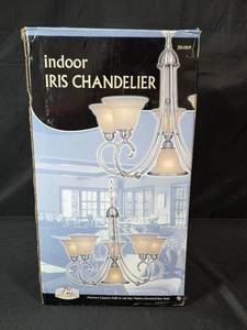lot 104 image: Patriot Lighting Indoor Iris Chandelier with Alabaster Glass