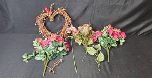 lot 108 image: Artificial Floral Arrangement Lot with Heart-Shaped Wreath